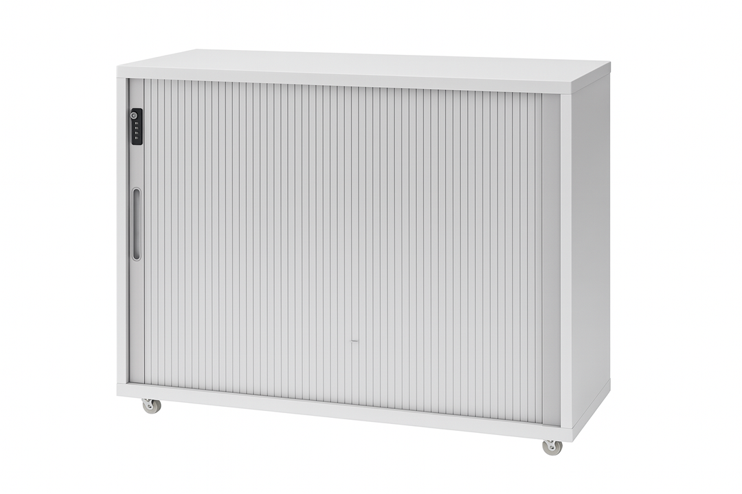 Low Tambour Storage Cabinet with Lockable Sliding Door & Wheels