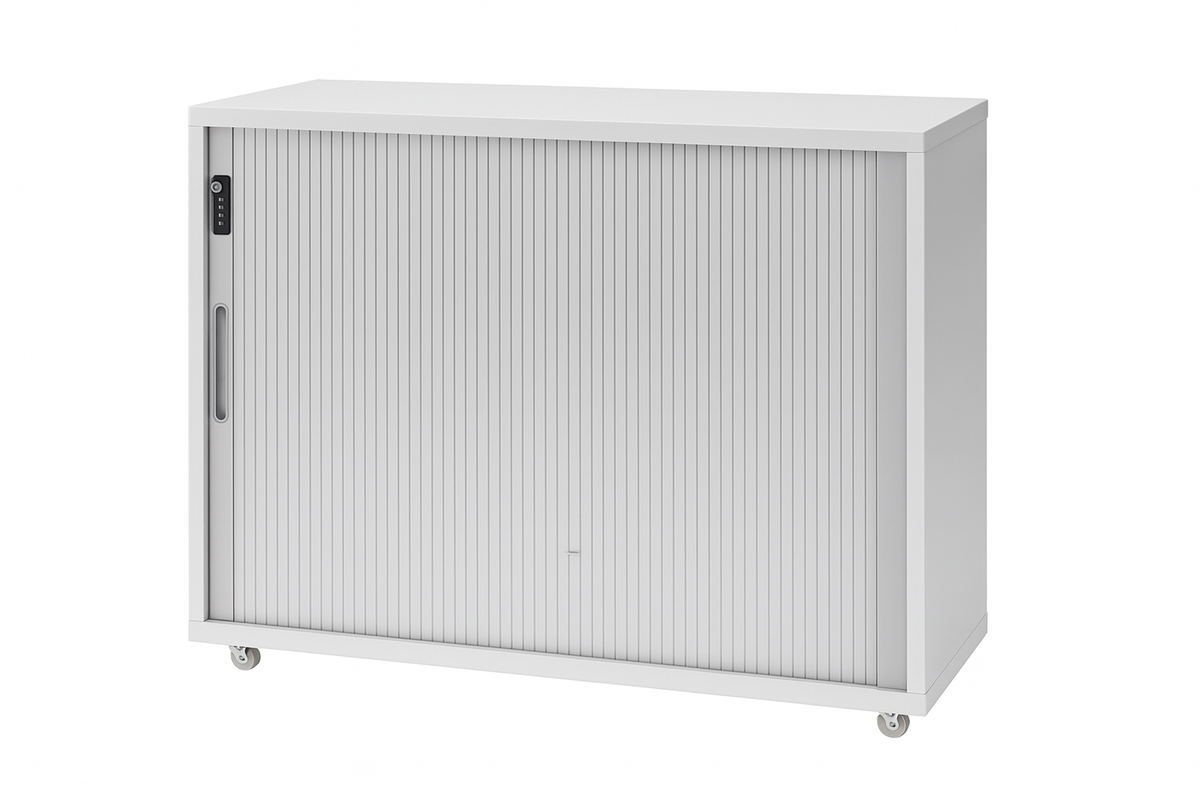 Low tambour storage cabinet with lockable sliding door & wheels