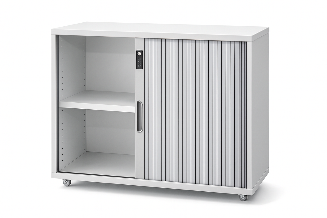 Low Tambour Storage Cabinet with Lockable Sliding Door & Wheels