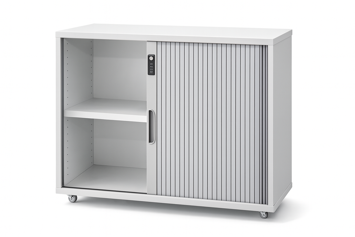 Low tambour storage cabinet with lockable sliding door & wheels